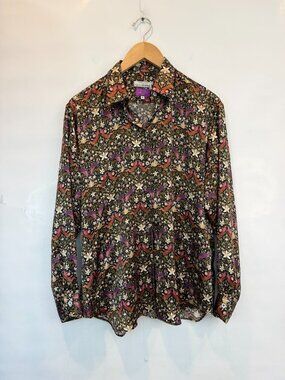Maus & Hoffman Liberty Floral Silk Blouse Size XL Bird Print Long Sleeve Flaw*